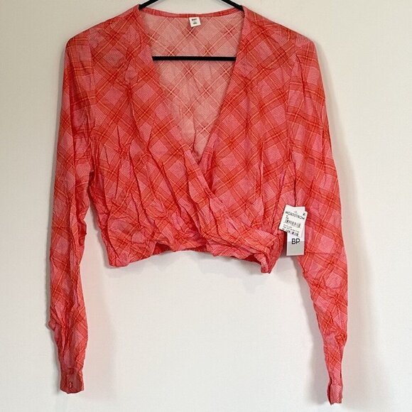 NWT BP by Nordstrom Long Sleeve Orange Plaid Crop Top - Size: Medium - Picture 2 of 8